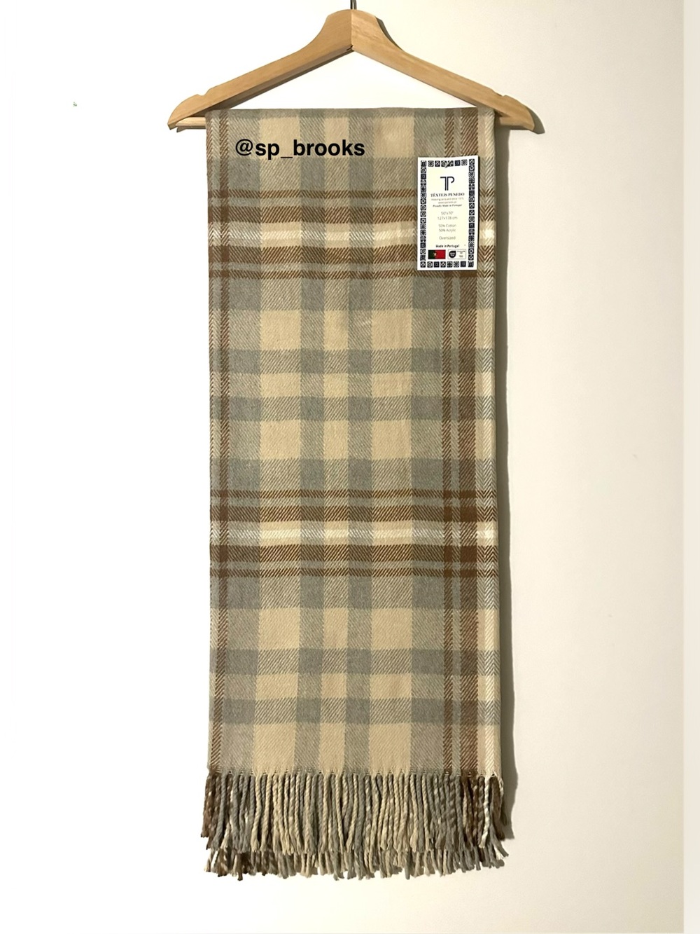 🎁Texteis Penedo Throw Blanket - Tan/Blue Plaid Cotton Blend Textured Throw